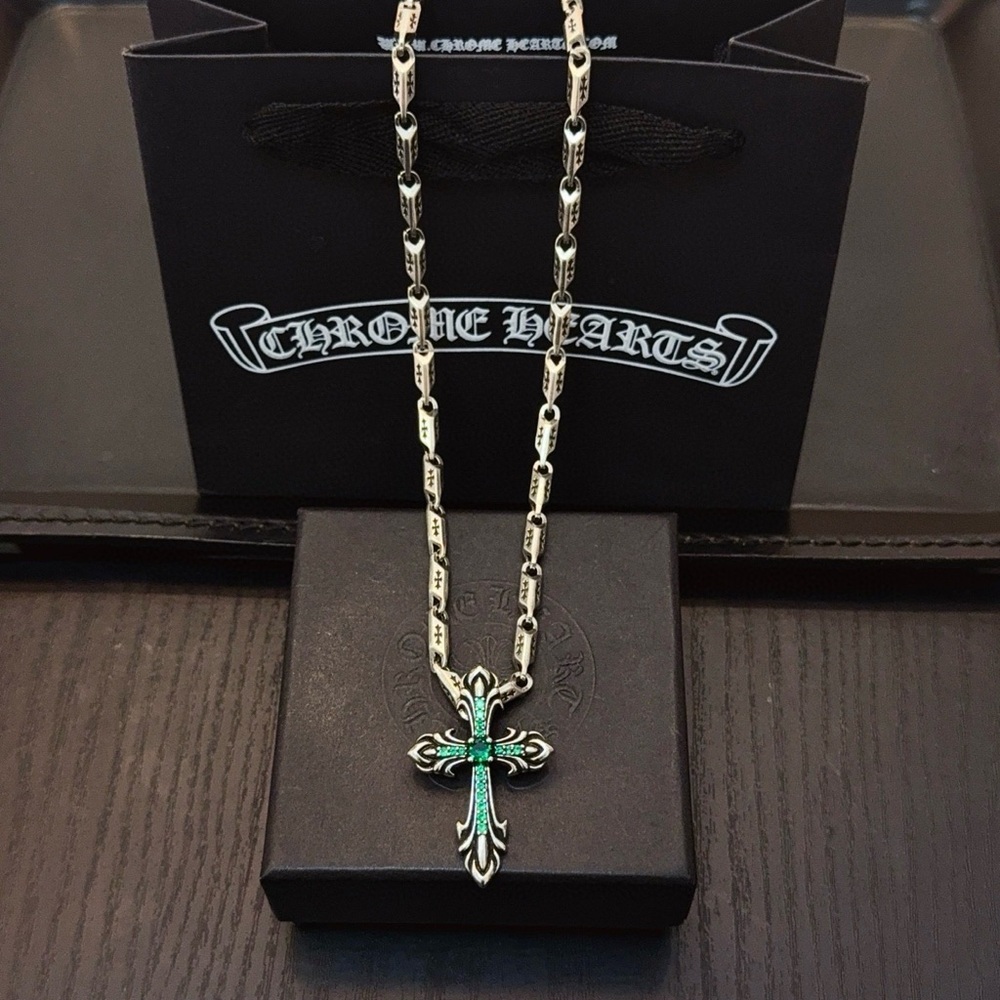 Chrome Hearts Silver Necklace with Green Cross Pendant